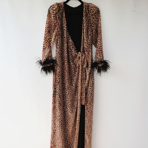 NBD Revolve Size Small Velvet Leopard Animal Print Feather Cuff Maxi Wrap Dress - Picture 15 of 16